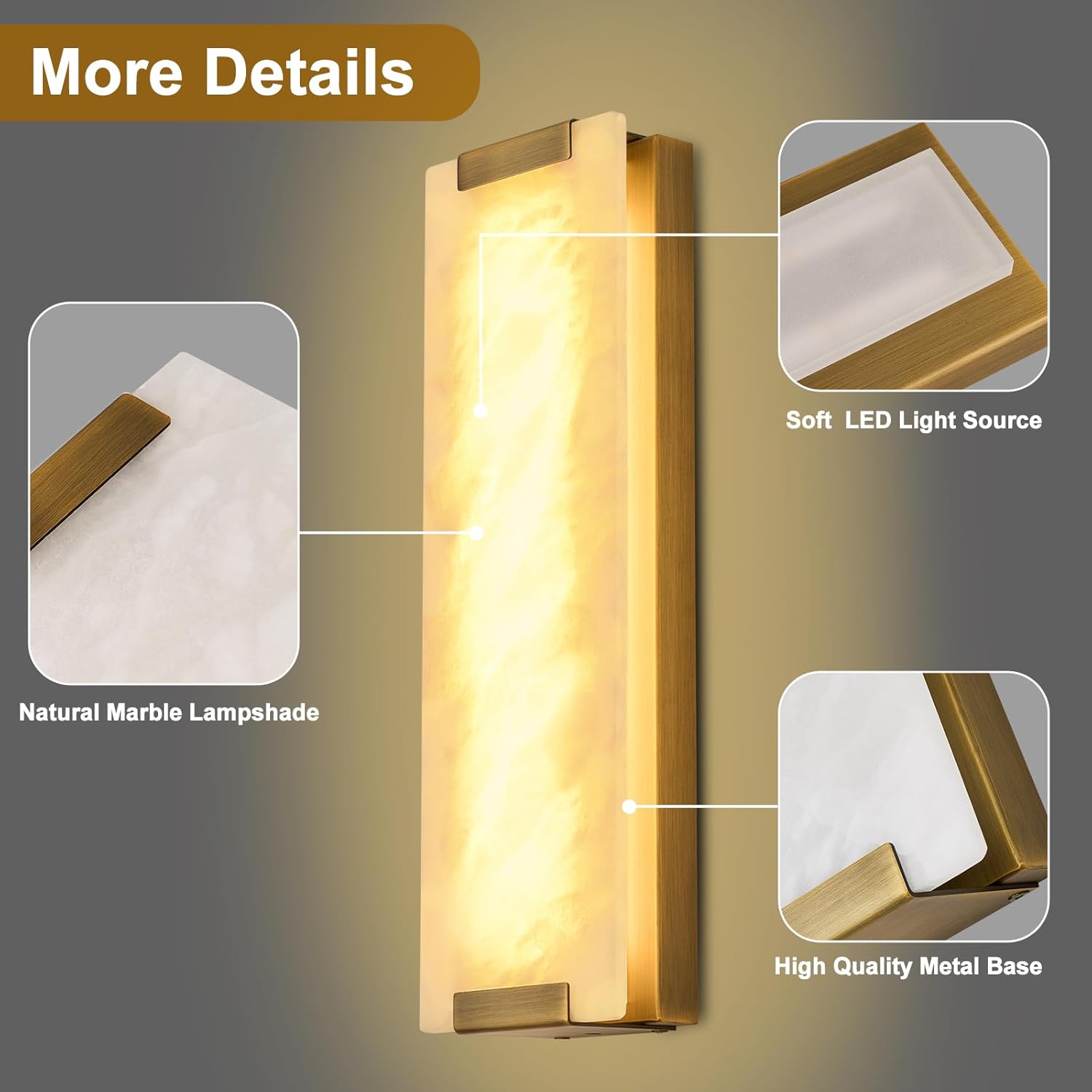 Alabaster Wall Sconces Set of Two, 19.2in Natural Marble Wall Sconces Wall Lighting, Dimmable Wall Light Fixtures for Bedroom Living Room Stairs Vanity Hallway Bedside,Brushed Gold