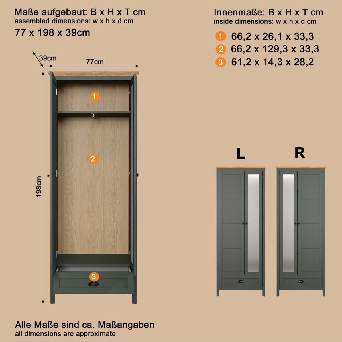 trendteam smart living - Stanton - Garderobenschrank - Tannengrün/Evoke Eiche - Flurschrank mit auziehbarer Kleiderstange - (BxHxT) 77 x 198 x 39 cm - Landhausstil