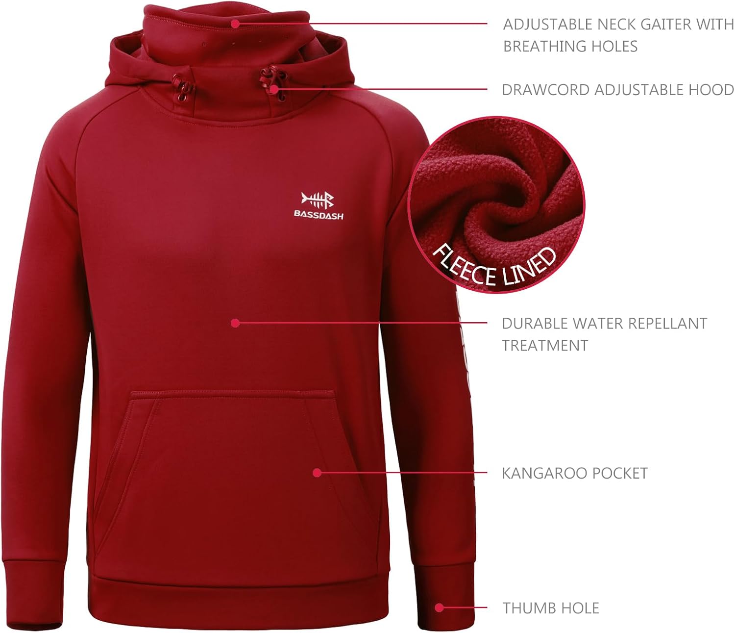 BASSDASH Youth Fishing Fleece Hoodie with Mask Water Resistant Kids’ Performance Sweatshirt FS18Y - Image 3