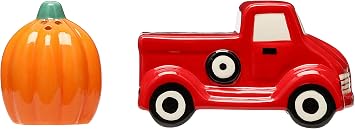 Pearhead Ceramic Pickup Truck And Pumpkin Salt & Pepper Shakers, Halloween and Thanksgiving Decor For The Home and Kitchen, Fall Accessory, Set of 2