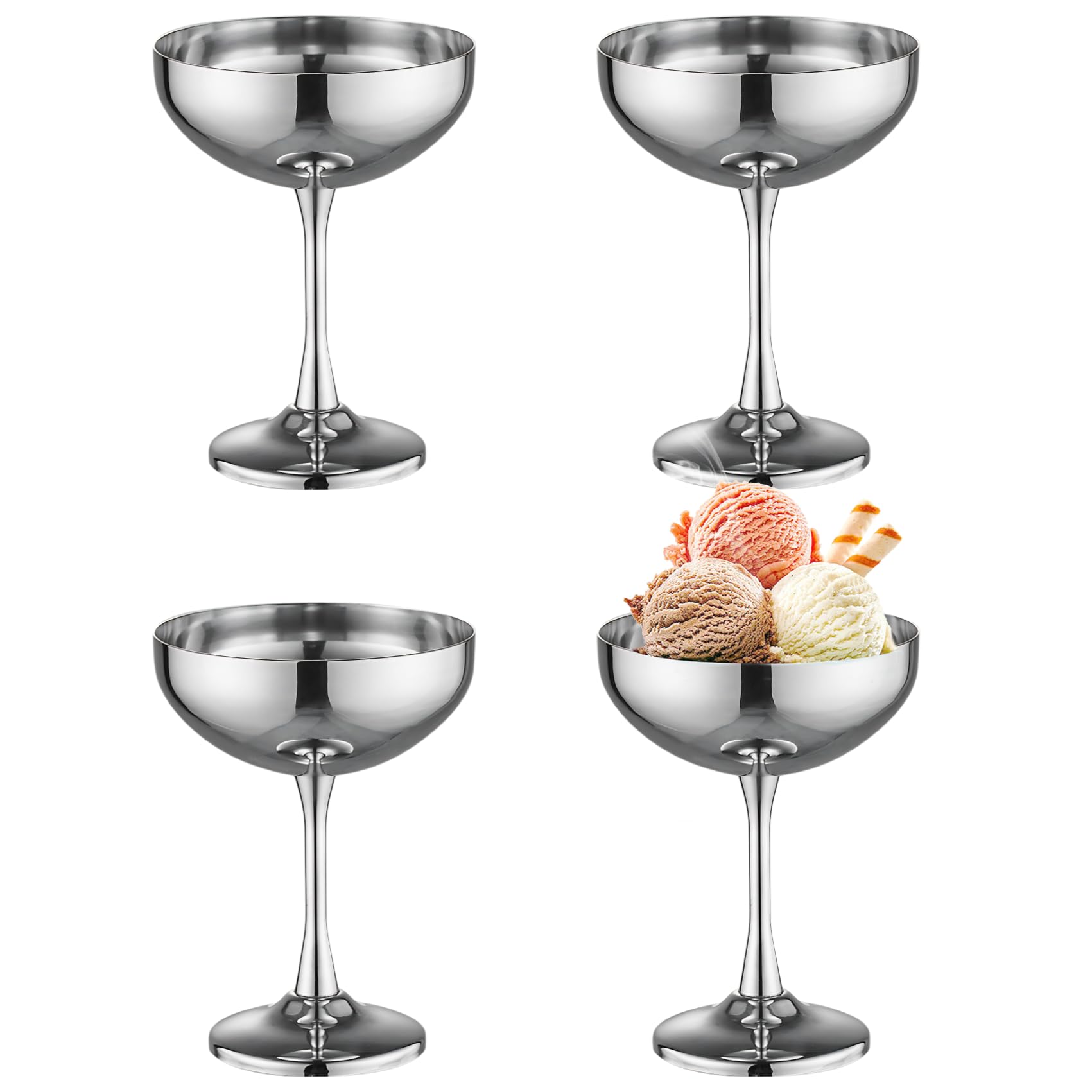 4 Stück Eisbecher Edelstahl Set, Dessertgläser mit Standfuß Bruchsicher Spülmaschinenfest Dessertschalen für Eis,Fruchtpudding,Salat Modernes Design für Zuhause (Silber und Groß-270ML)