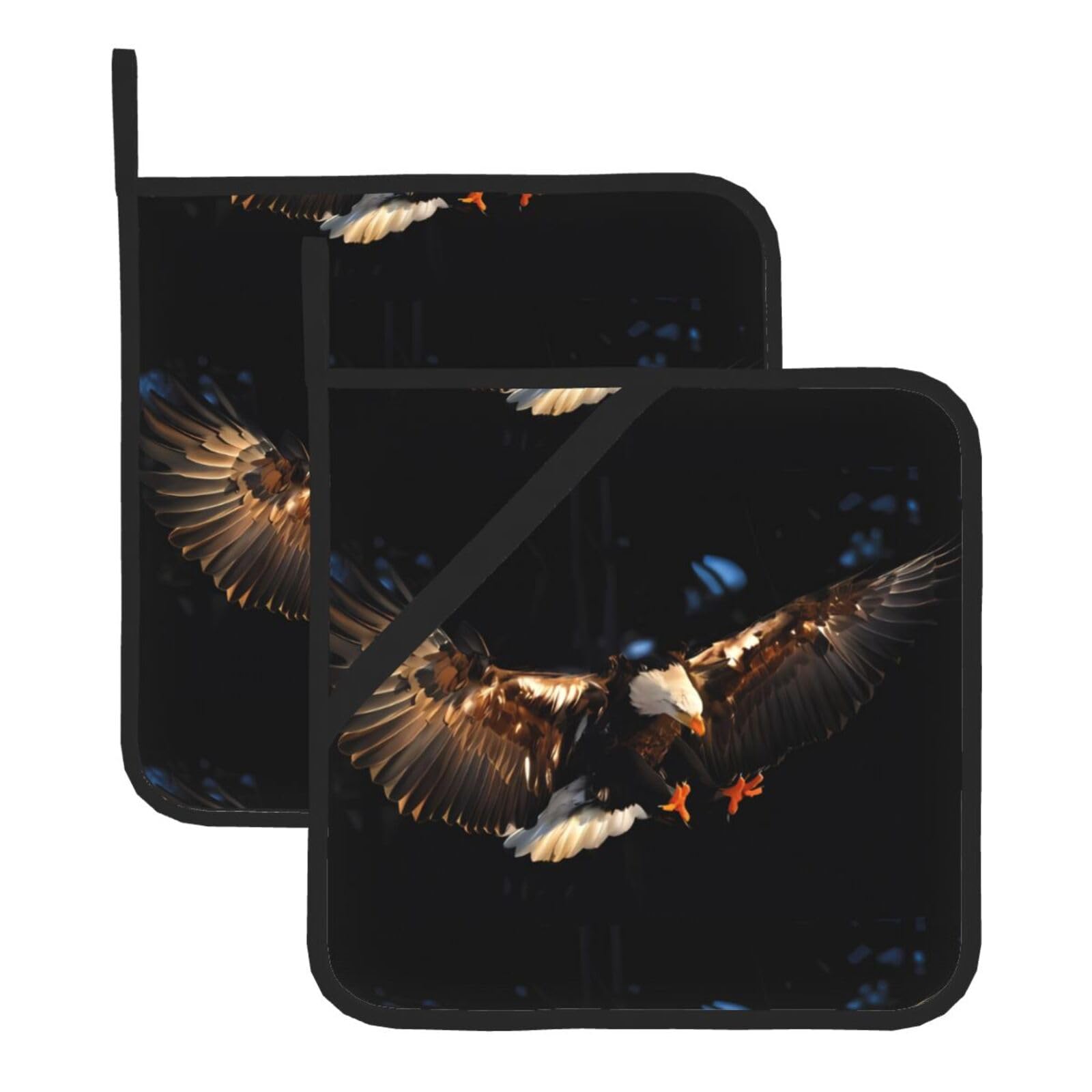 WHJDPP 3D Bald Eagle Prints Square Hot Pads for Kitchen - Waterproof Pot Holders Set of 2, Durable Trivets with Pocket & Hanging Loop for Hot Dishes & Oven Use