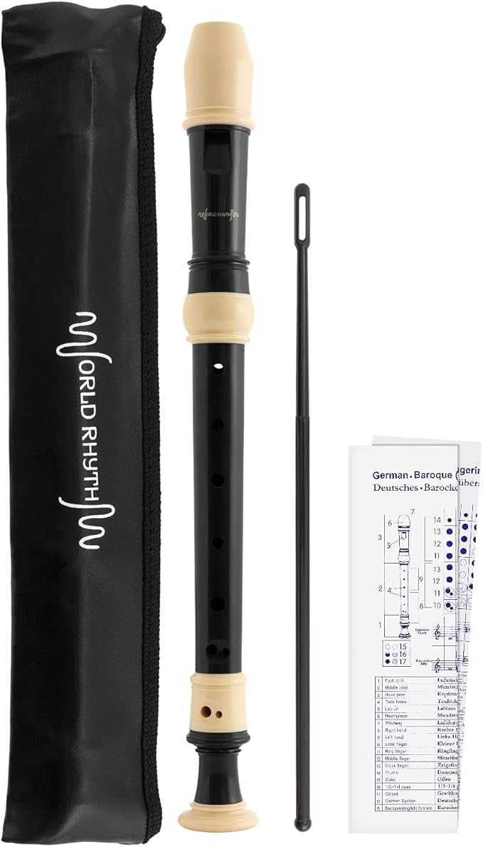 WR-805 - Flauta escolar con bolsa, varilla de limpieza y tabla de digitación - Soprano - Dedos en inglés/barroco - Negro y marfil