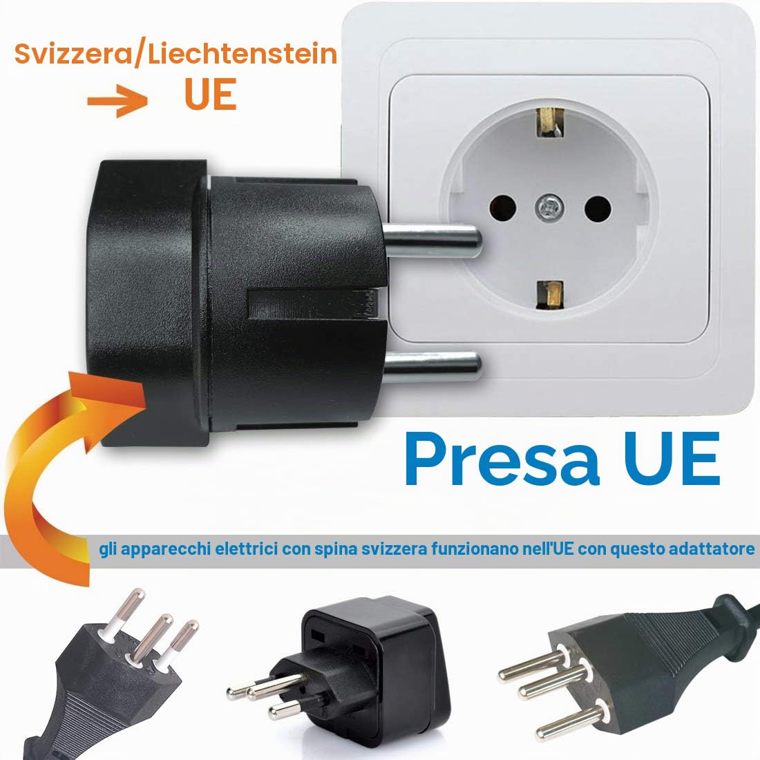 Spina Adattatore Svizzera/Liechtenstein a UE 3 pin a 2 pin per Presa DE FR IT ES Nero 1 Pezzo