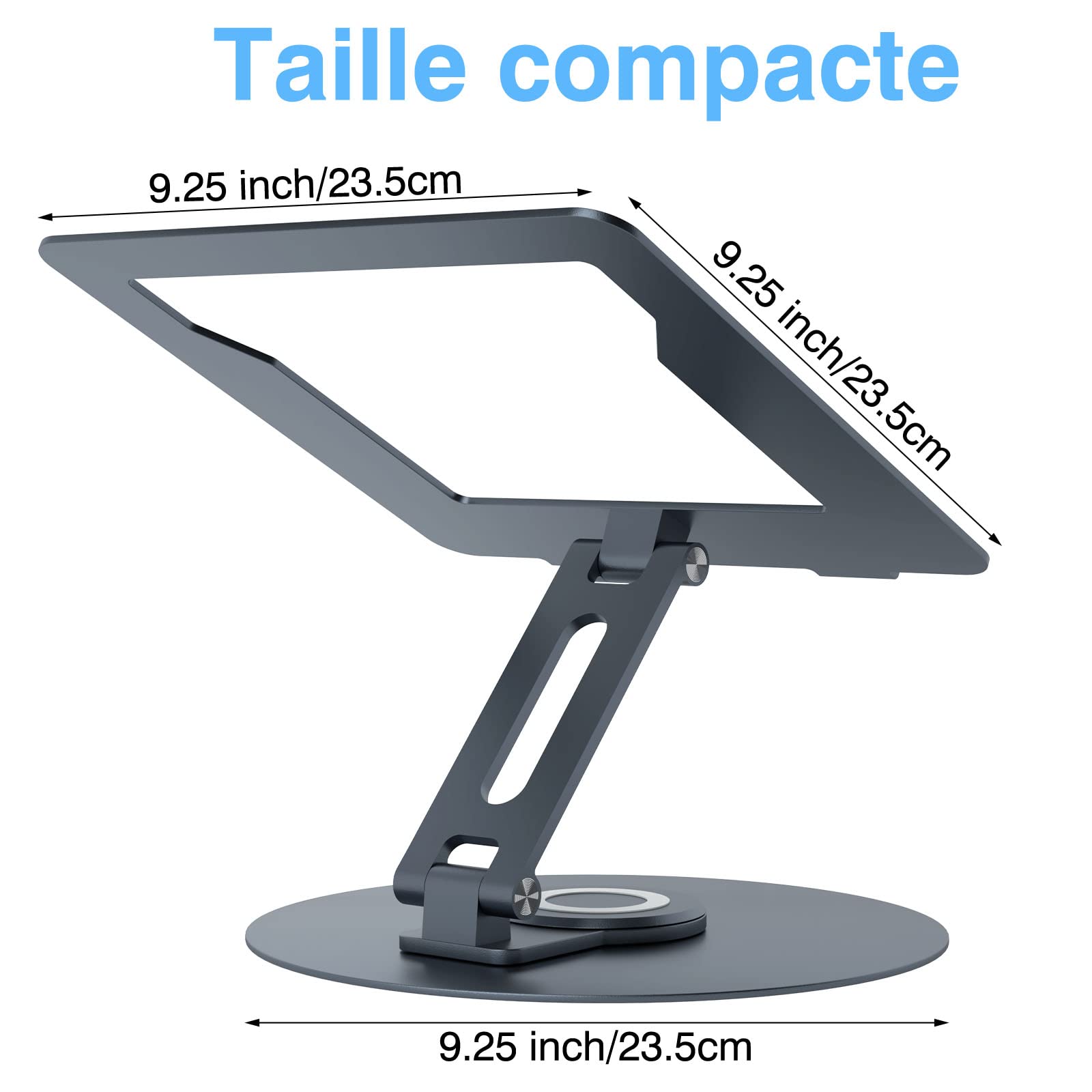 Support Ordinateur Portable avec Base Rotative à 360°, Laptop Stand Pliable en Aluminium Réglable en Hauteur pour le Travail, Rehausseur Ergonomique de PC Portable(10-17") Macbook/Lenovo/HP, Gris