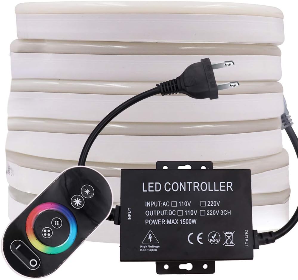 LED Neon Light, 164ft RGB Rope Strip Light, AC 110-120V 120 LEDs/M SMD 2835 Touch Remote Control Multi-Color Changing Waterproof Strip Lights for Indoor Outdoor Christmas Decoration