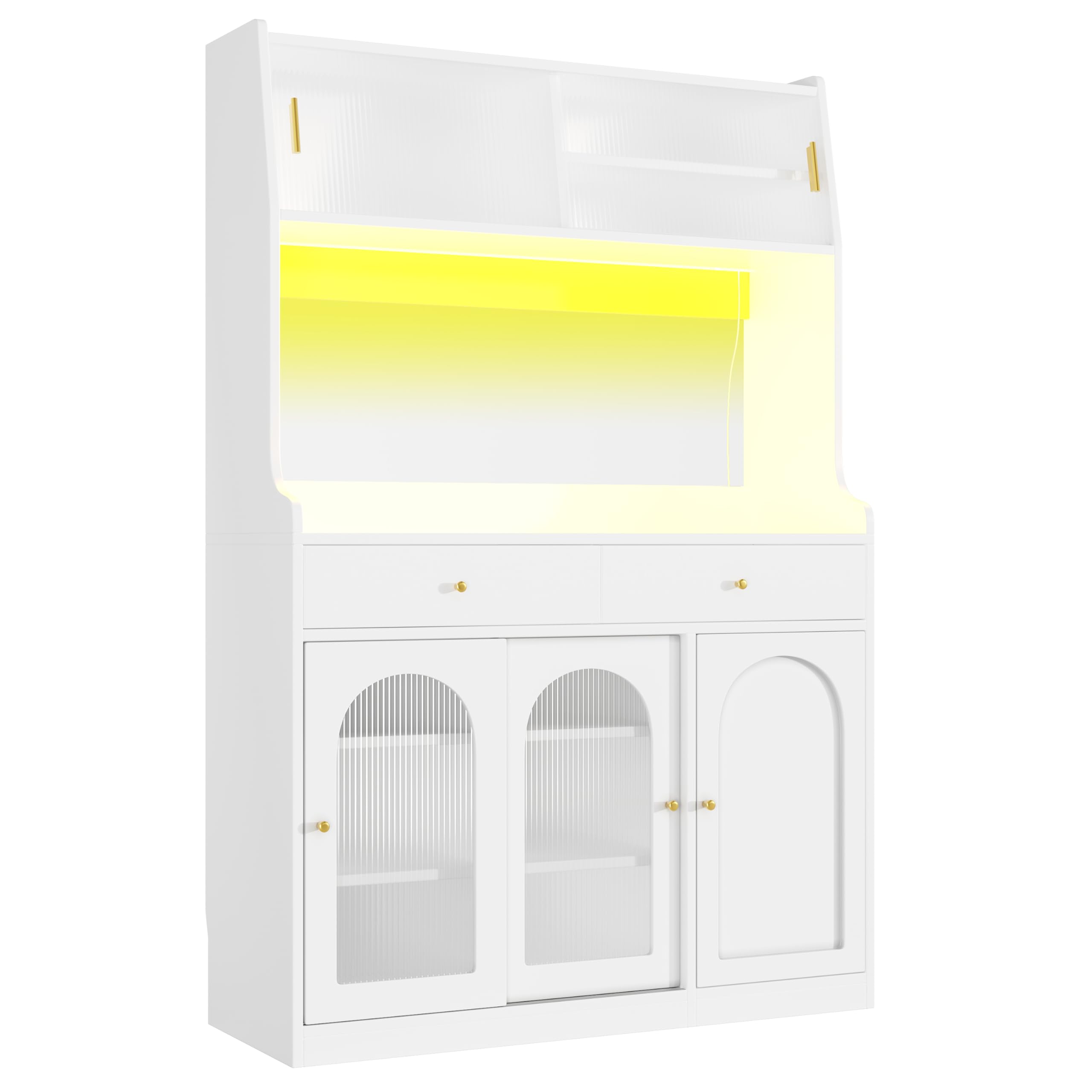 Armadio da cucina, mobile alto, armadietto a buffet con ripiani regolabili, armadio da pranzo con 2 cassetti, credenza con illuminazione a LED, colori luce variabile (bianco)