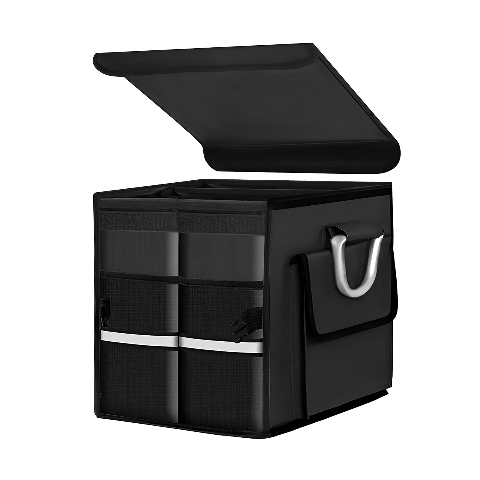Trunk Organizer with Lid, 28L Collapsible Car Storage Organizer with Aluminum Handles &amp; Reflective Strip, Waterproof Oxford 2-Compartment Cargo Storage Box for Sedan SUV Truck (Black)