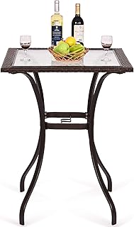 Safstar 37”/ 94CM Height Bistro Table Outdoor Bar Table, Square Patio Table with Umbrella Hole, Tempered Glass Top & Wicker Covered Edge, Outdoor Counter Height Table for Garden Patio Poolside Deck