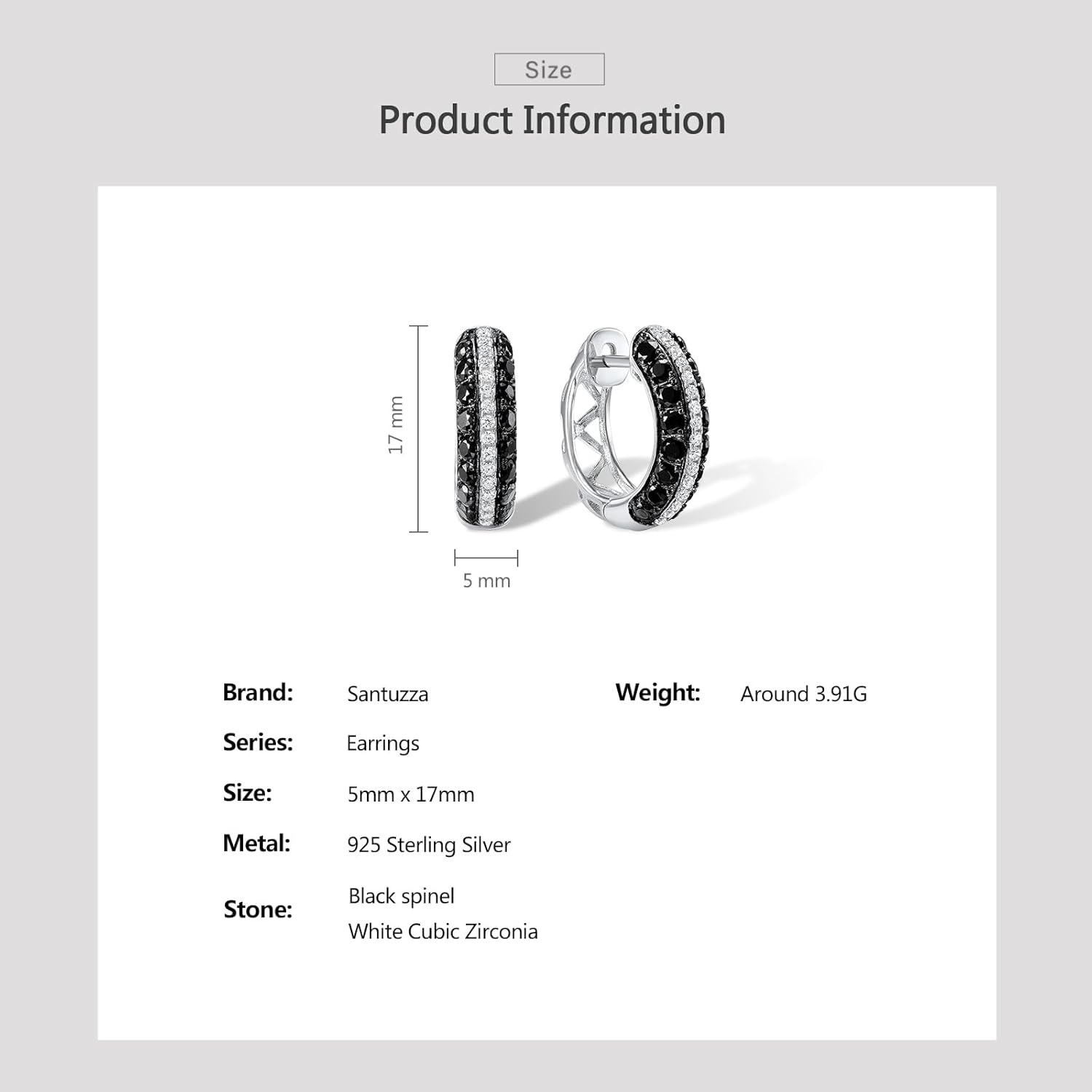 Santuzza 925 Sterling Silver Black & White Openwork Hoop Earrings Black Spinel Cubic Zirconia Huggie Earrings for Women