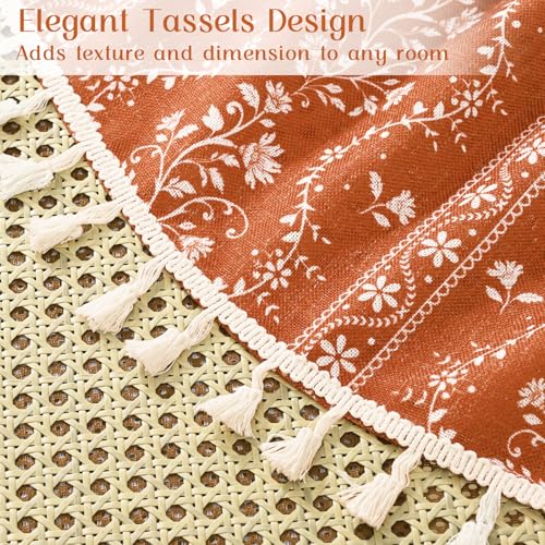 Image of Yinhua Boho Kitchen Curtains 36 Inch Length Vintage Linen Cafe Curtains Light Filtering Bohemian Floral Tier Rod Pocket Farmhouse Rustic Tassel Small Drapes with Tiebacks, 2 Panels, Orange