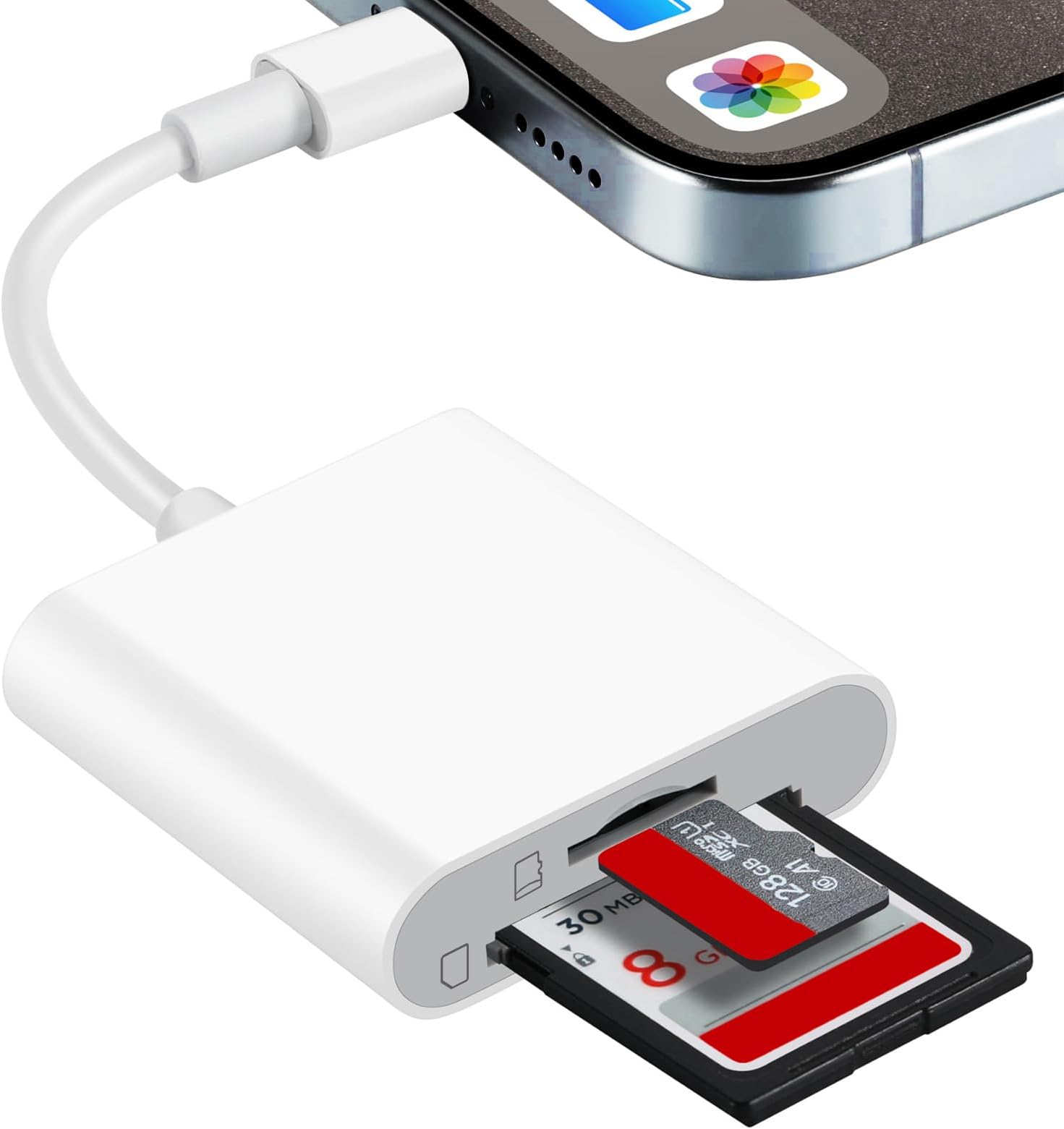 Omivine SD Card Reader for iPhone, SD&TF Dual Slots Memory card reader for iPad, MicroSD Camera Card Adapter with Charging for Trail Game Camera Drone, etc (2-IN-1/Dual-Slot SD/TF)