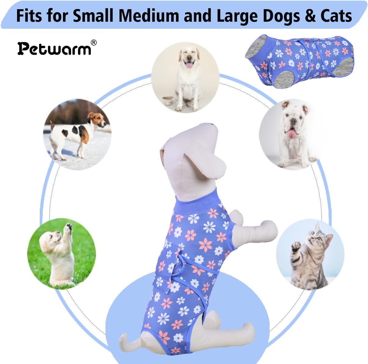 PetWarm Dog Surgical Recovery Suit Male, Dog Bodysuit for Sensitive Skin Areas, Surgical Suit for Dogs Abdominal Affected Areas Bandages, Substitute E-Collar and Cone, Flower Pattern, Blue, XS