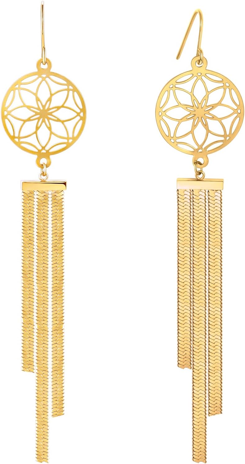 Tassel Drop Earrings for Women 18k Gold Plated Trendy Statement Threader Long Chain Hollow Flower Hypoallergenic Dangle Earrings