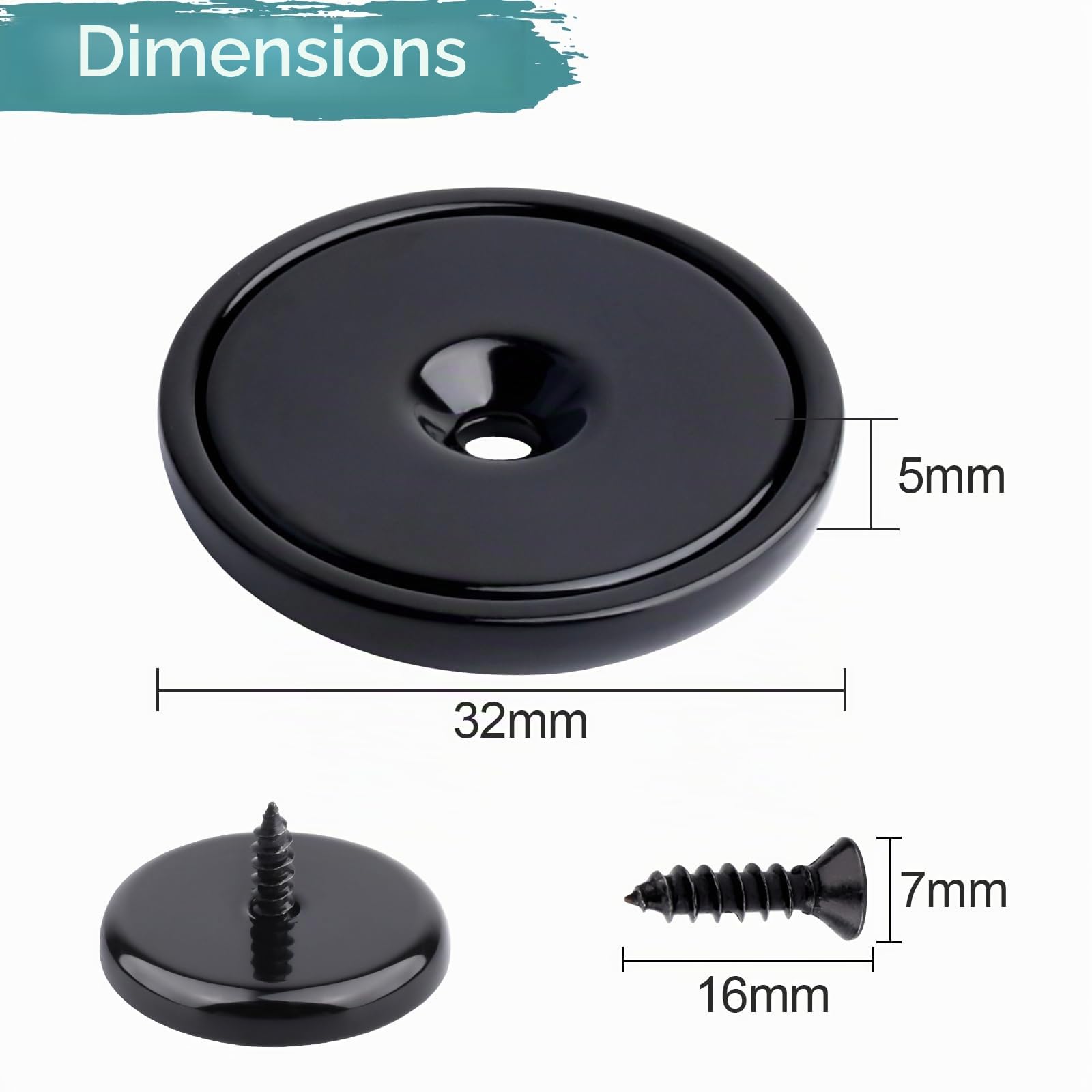 FPMYB 4 Pièces Aimant Neodyme Noir 45 kg Force 32x7 mm Avec Trou et Capsule, Pot Fraisé Avec Vis et Coussins en Acier, Puissant Pour Réfrigérateur, Cuisine, Industrie