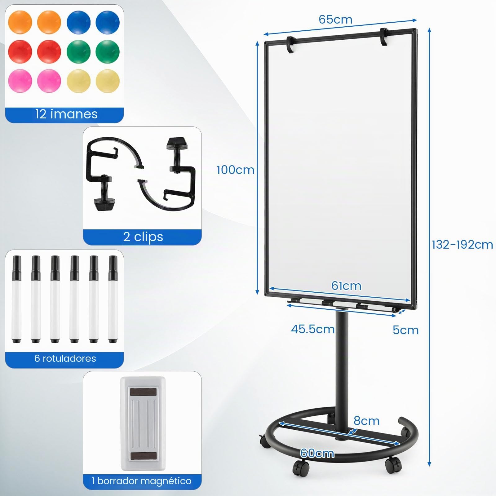 LIFEZEAL Pizarra blanca móvil con soporte, 100x65cm, Altura ajustable 132/192cm, Inclinación 16°, Pizarra magnética con ruedas bloqueables para Oficina, Escuela (Negro)