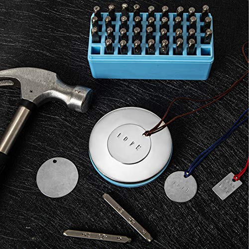 58pcs Number and Letter Metal Stamping Kit- 36 Hardened Iron Stamp Characters + 20 Metal Blank Pendants + Steel Bench Block + Simple Strike Steel Stamp Punch Set for Making Jewelry Leather Wood Craft - Thumbnail 2