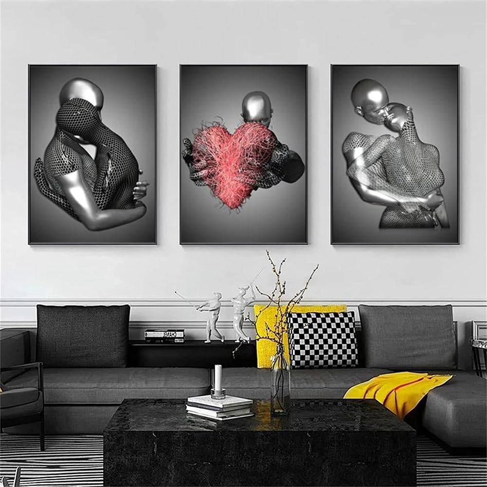 WADBTP Modern Art Metal Figure Canvas Painting Poster, Metal 3D Sculpture Effect, Romantic Lovers Hug Home Poster Set - Image 2