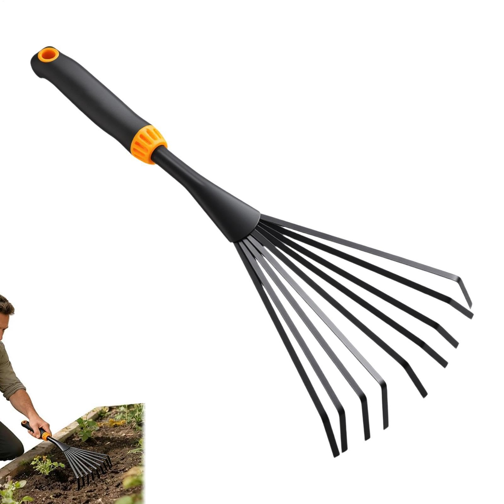 Rastrillo de jardín Herramienta Jardinería Robusta con 9 Púas Metálicas | Rastrillo Para Césped Y Arbustos Para paja, césped, hojas, , mantillo, parterres, patio, invernadero y de entrada