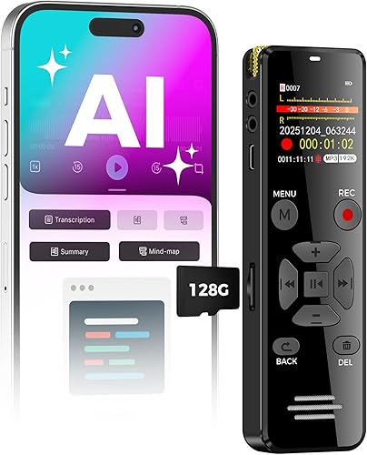 AI Digital Voice Recorder 128GB: AI Transcribe & Summarize Voice Activated Recorder with Playback | OTG - Portable Tape Recorder for Meeting & Lectures