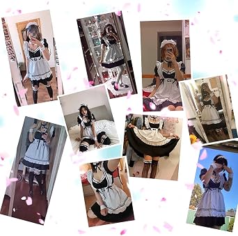 Women's Japanese Anime Maid Cosplay Classic Fancy Apron Maid Dress with Socks