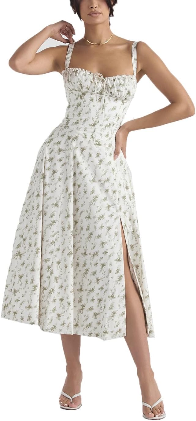 square neck floral corset lace up midi dress CIDER Corset Dress for Women Floral Lace Up Midi Dress Square Neck  Sleeveless A Line Midi Dress White at Amazon Women's Clothing store