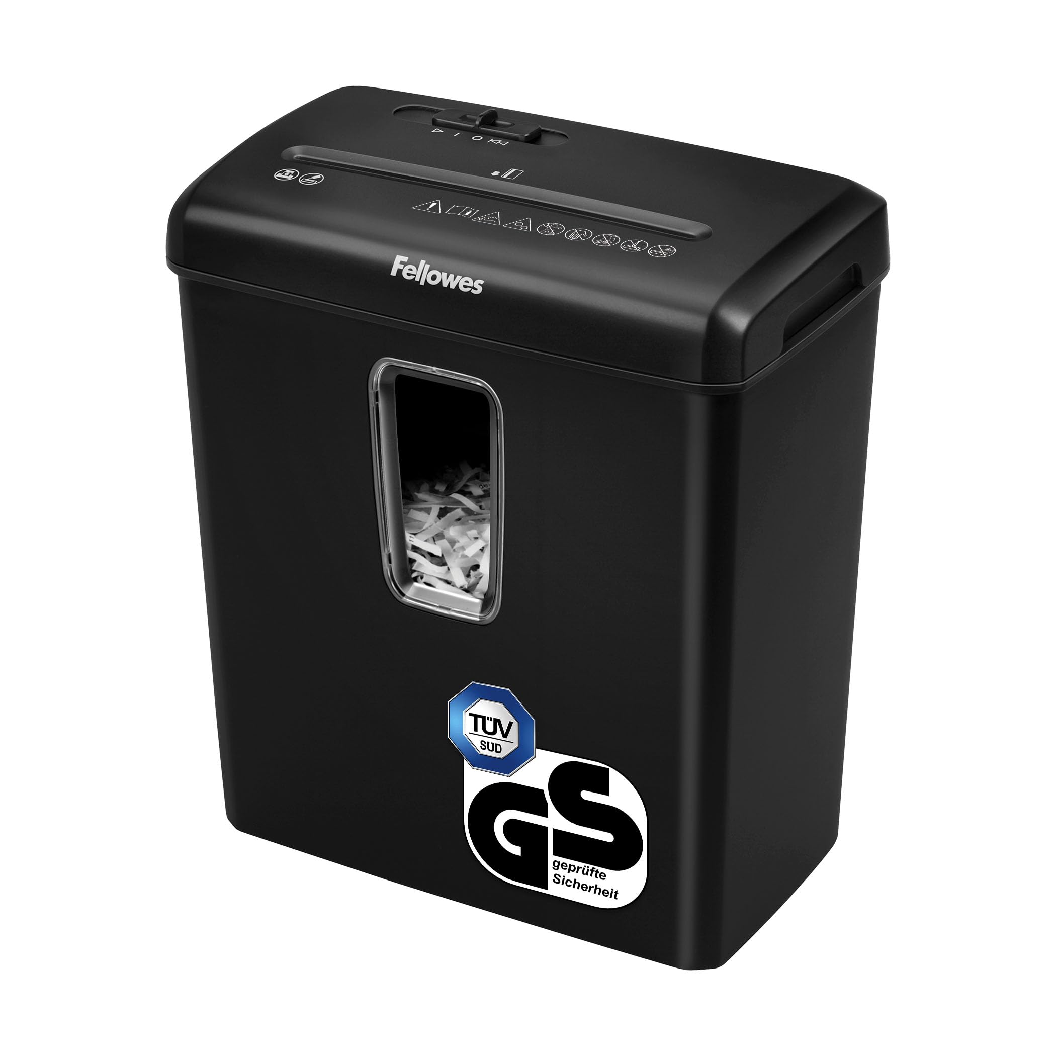 Fellowes Aktenvernichter 6 Blatt Partikelschnitt (P4), Papierschredder für Zuhause und Homeoffice, Powershred FS-6C, Schredder mit 15L Papierkorb, verarbeitet Kreditkarten, Heftklammern, schwarz