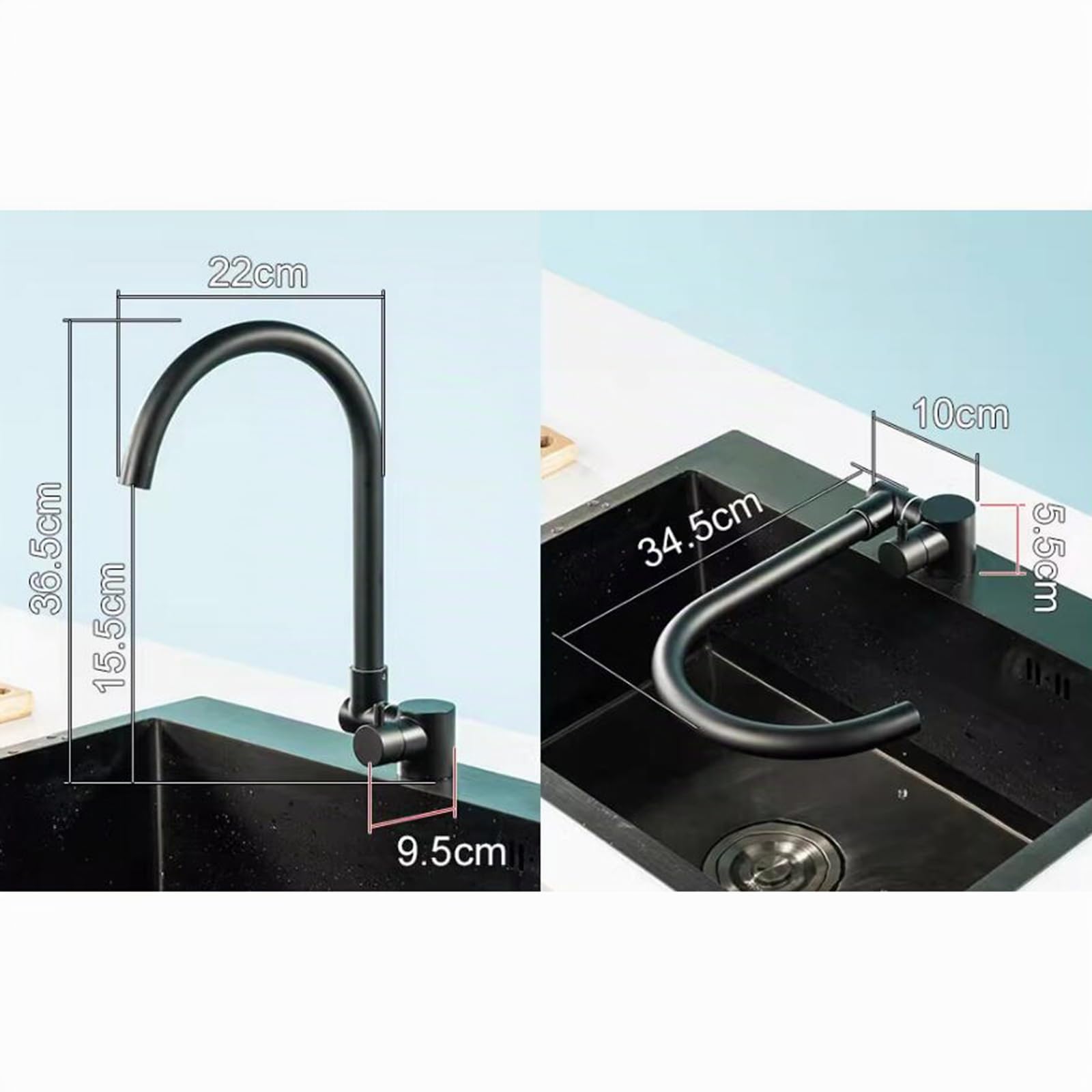Wasserhahn Küche Vorfenster Klappbar Edelstahl Schwenkbar Wasser Kalt und Heiß-Schwarz