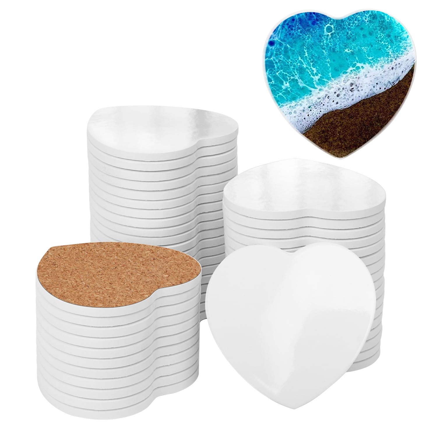 Kukmakri White 50 Pcs Heart Shaped Sublimation Blank Ceramic Coasters With Cork Backing Pads, 4.25 Inch Glazed Ceramic Drink Coasters