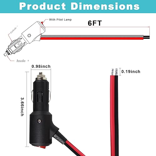Miniatura 2 de Enchufe de encendedor de cigarrillos de 12 V con interruptor de encendido y apagado, 6 pies, 16 AWG, fusionado, 15 amperios, enchufe macho de