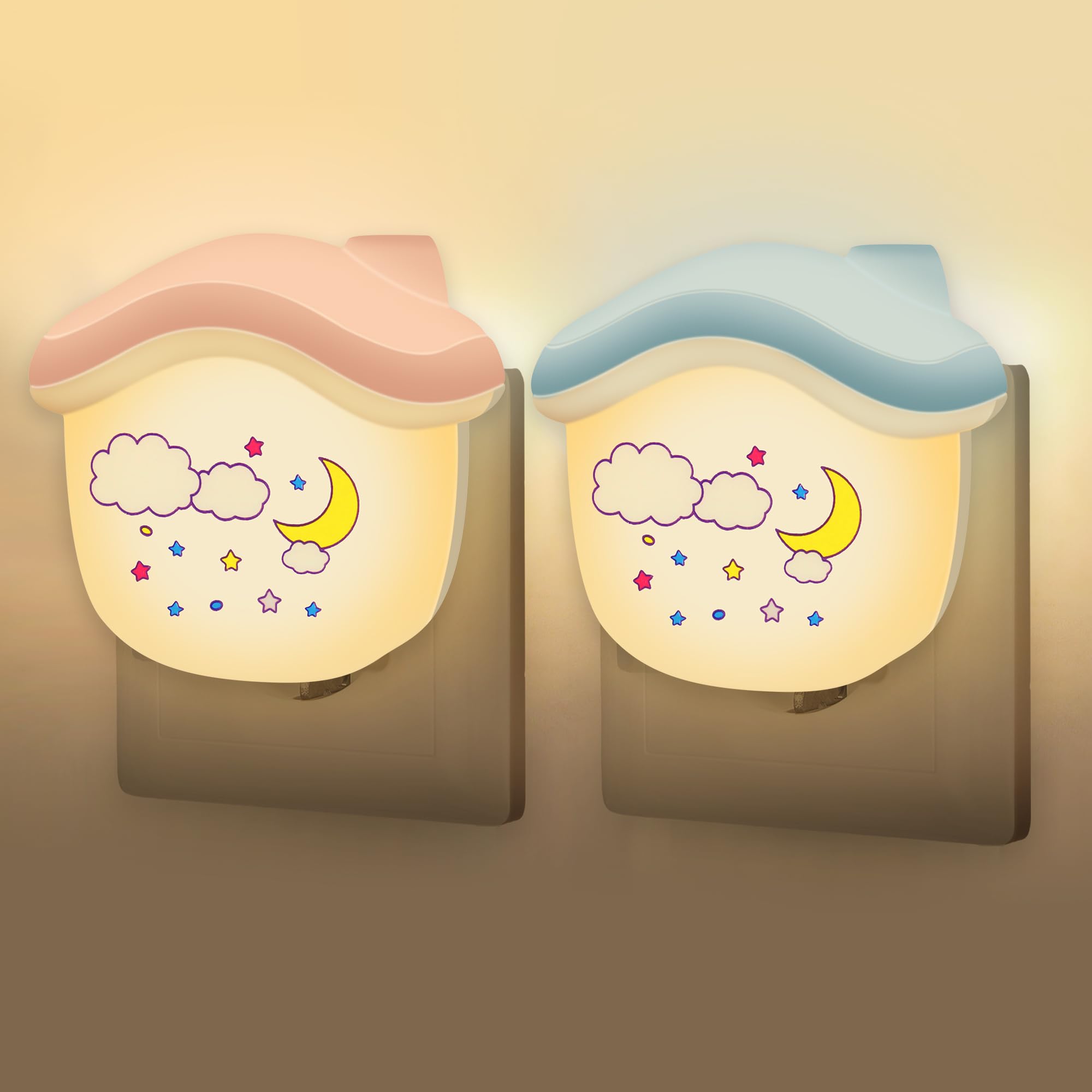 Annmore Nachtlicht Steckdose Kinder, 2er Set, Hütte Design, Rosa und Blau | Dämmerungssensor, Steckdosenlicht Schlafzimmer, Stilllicht, Orientierungslicht Keller
