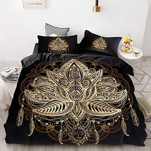 Parure de lit 220x240 Adulte Fleurs d'or Noir Housse de Couette en Microfibre, Ensemble de literie avec 1 Housse de Couette + 2 Taie d'oreiller 65x65 cm Cover