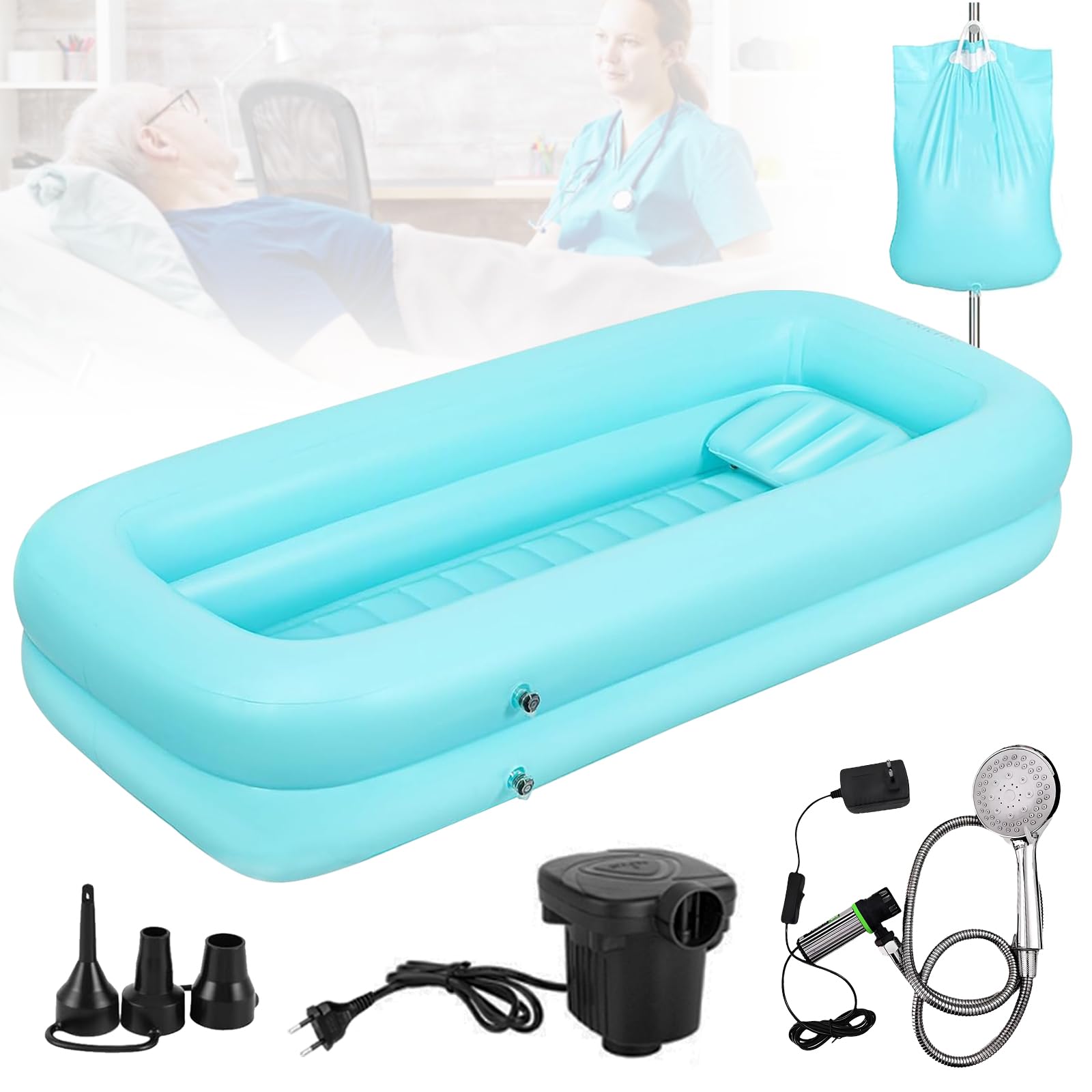 Vasca per Doccia, Vasca da Bagno Gonfiabile, Set Vasca da Bagno Doccia Gonfiabile Medica, Sistema Doccia Portatile sul Comodino, Sistema Doccia con Pompa per Anziani/Disabili/Costretti a Letto