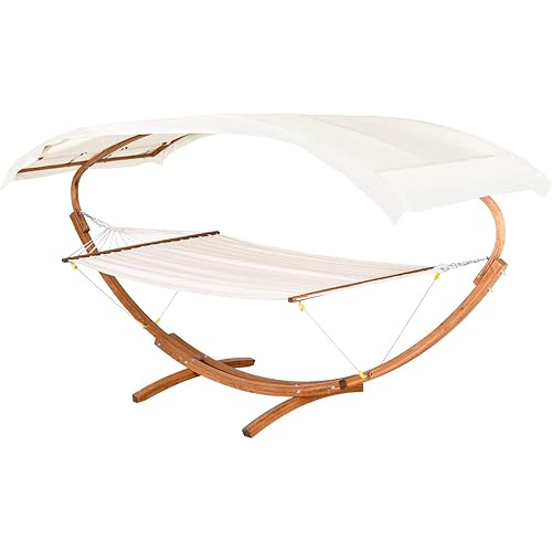 Outsunny 13' Wooden Arc Hammock with Canopy, Outdoor Hammock, Single Bed with Modern Curved Stand for Patio Backyard, Comfortable Polyester Fabic and Steel, White
