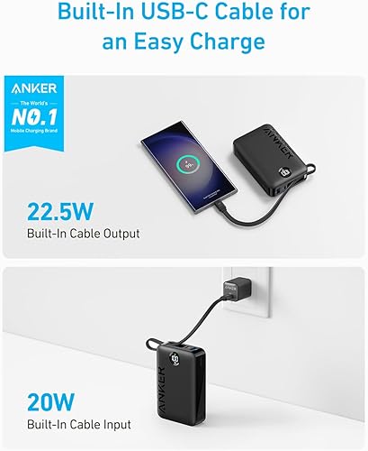 Miniatura 2 de Anker Paquete de batería de batería de 20,000 mAh, 22,5 W, cargador portátil de carga de alta velocidad con cable USB C integrado, 1 USB-C, 1 USB-A,