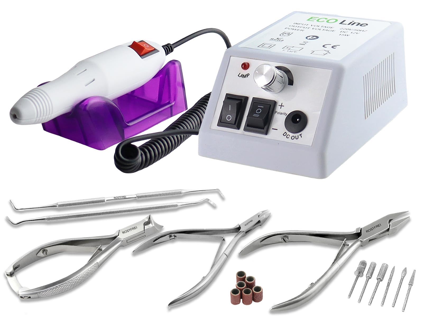 Fußpflegegerät Set Fräser Schleifgerät mit Fußpflegeinstrumenten Edelstahl | Elektrischer Fußpflege Schleifer mit Nagelzangen und Diamantschleifern für die Maniküre und Pediküre