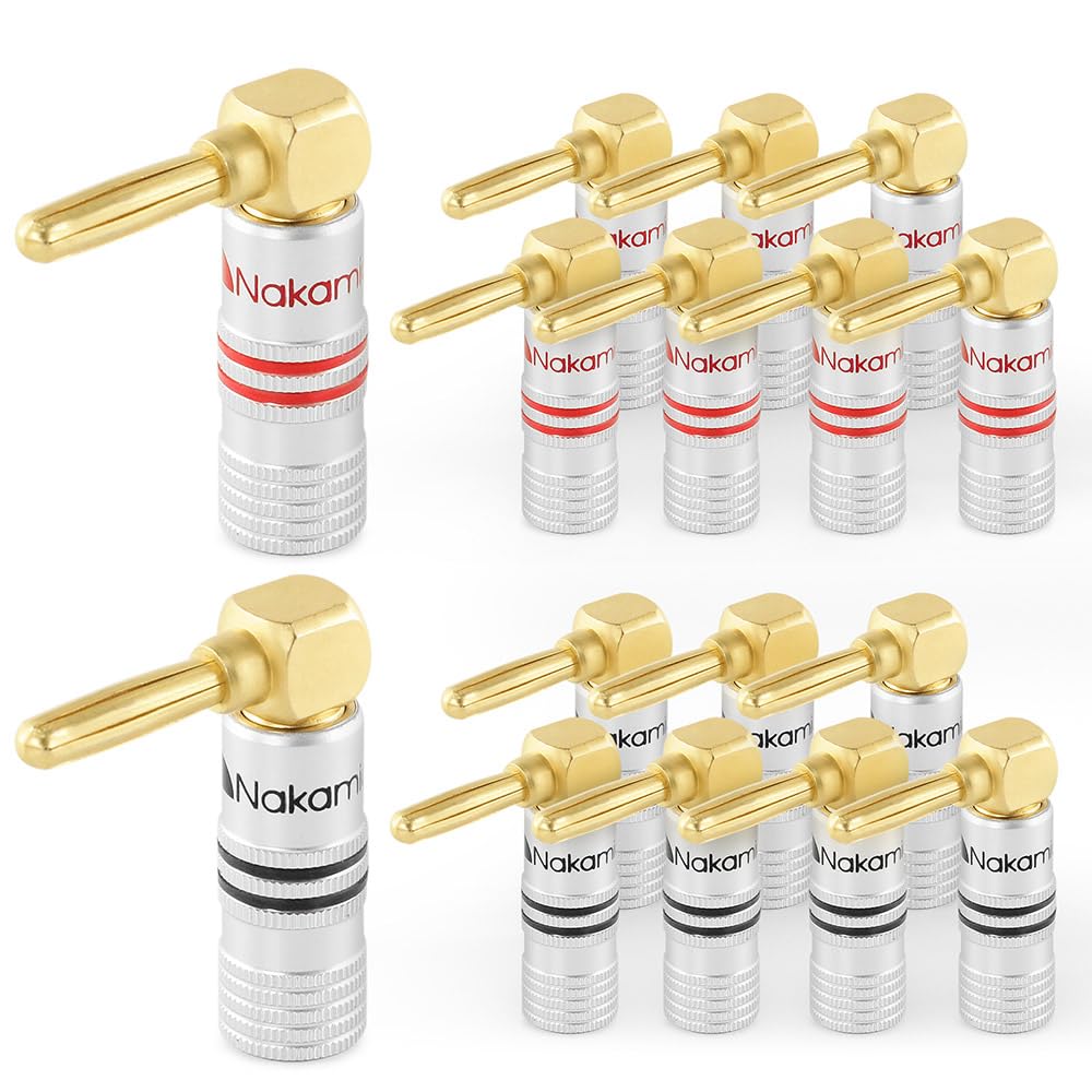 Nakamichi Excel Series 24k Gold Plated Right Angle Banana Plug 12-18 AWG Gauge Size 4mm for Speakers Amplifier Hi-Fi AV Stereo Home Theatre Audio Wire Cable Screw Connector, 16 Pcs (8-Pairs)