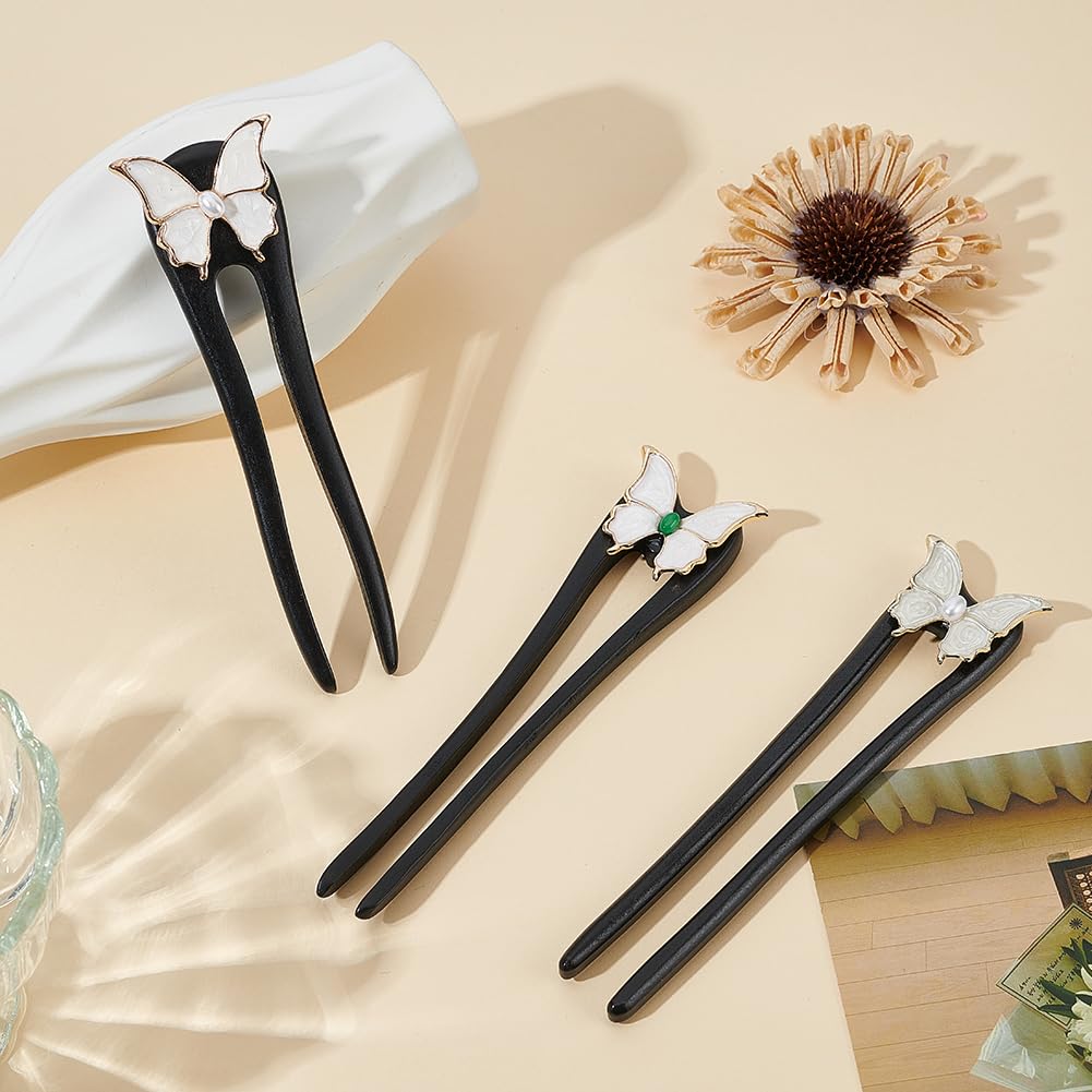 WEBEEDY 3 Styles Wooden Hairpin Butterfly Adorned U-Shaped Hair Fork for Women Chinese Hair Sticks for Daily Use Wedding Decoration Handmand Hairs Accessories for Buns Valentine's Day Party Gift