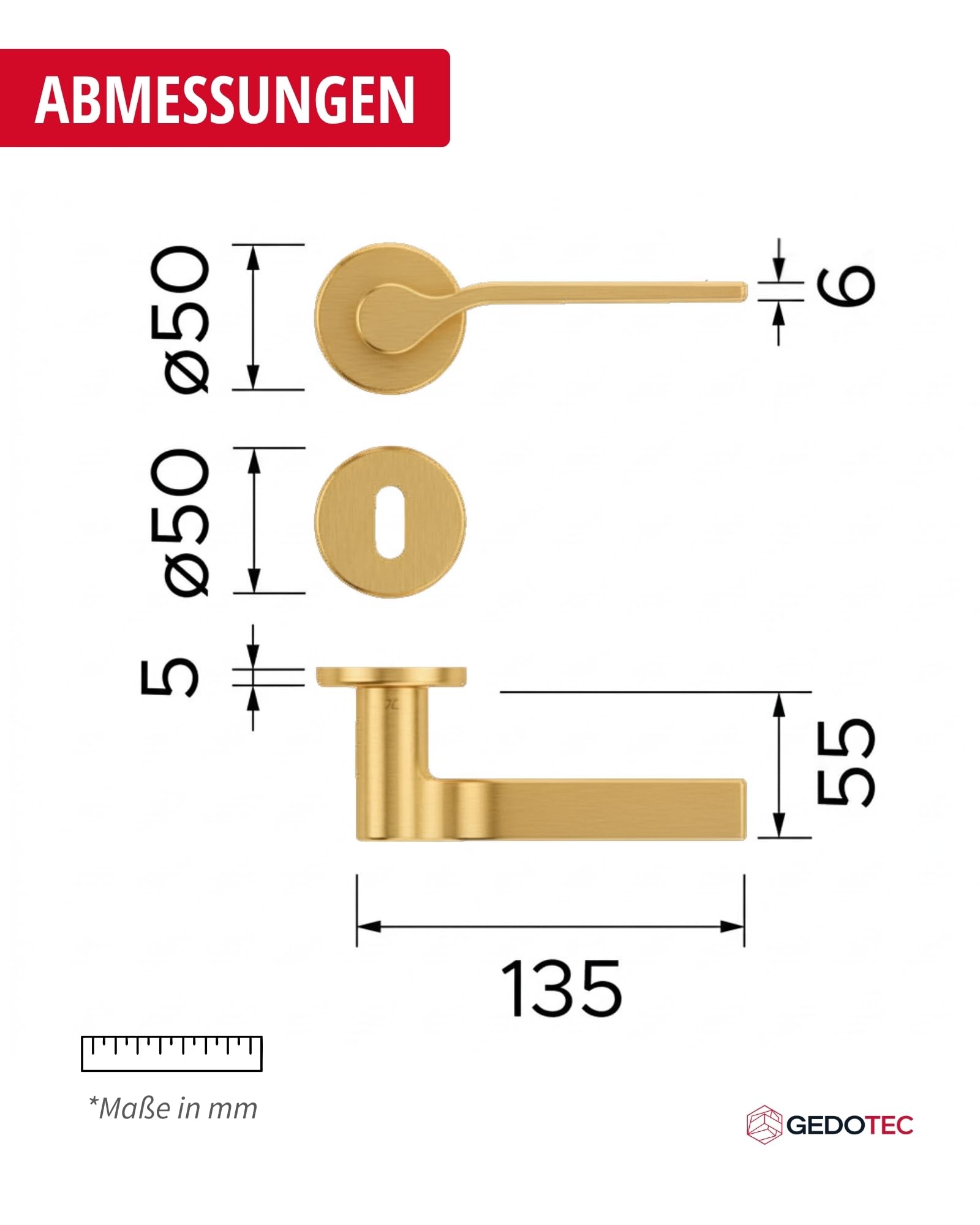 Gedotec ONDA - Set di maniglie per porte interne in metallo, rosetta BB in ottone, maniglia per porta della stanza, rosetta rotonda per porte di spessore da 35 a 47 mm