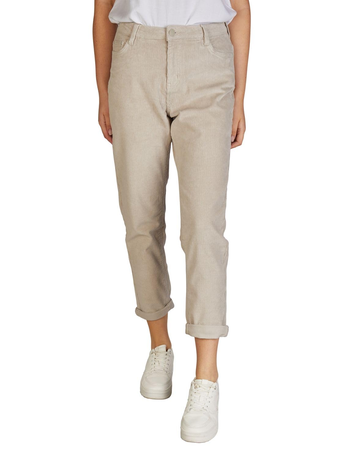 DENIMFY Cordhose Damen Mom Fit High Waist Gerades Bein Stretch DFLisa Cord Hose Pants Reißverschluss Taschen Einfarbig Grau Rose Blau Beige Grün S M L XL XXL