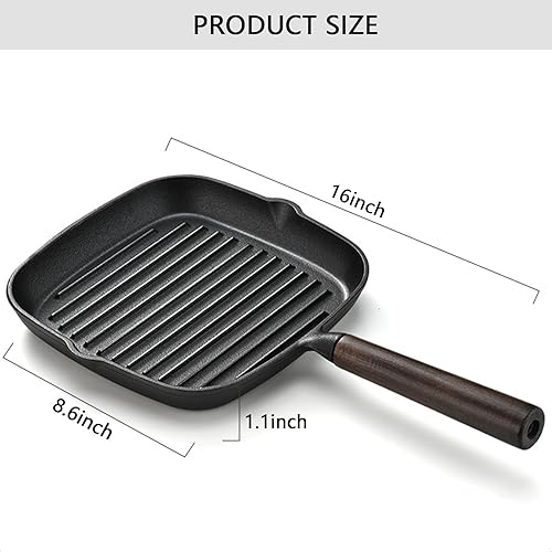 Miniatura 8 de JUSTUP Sartén cuadrada de hierro fundido, sartén antiadherente con boquillas de vertido, sartén acanalada pre-sazonada con mango resistente al