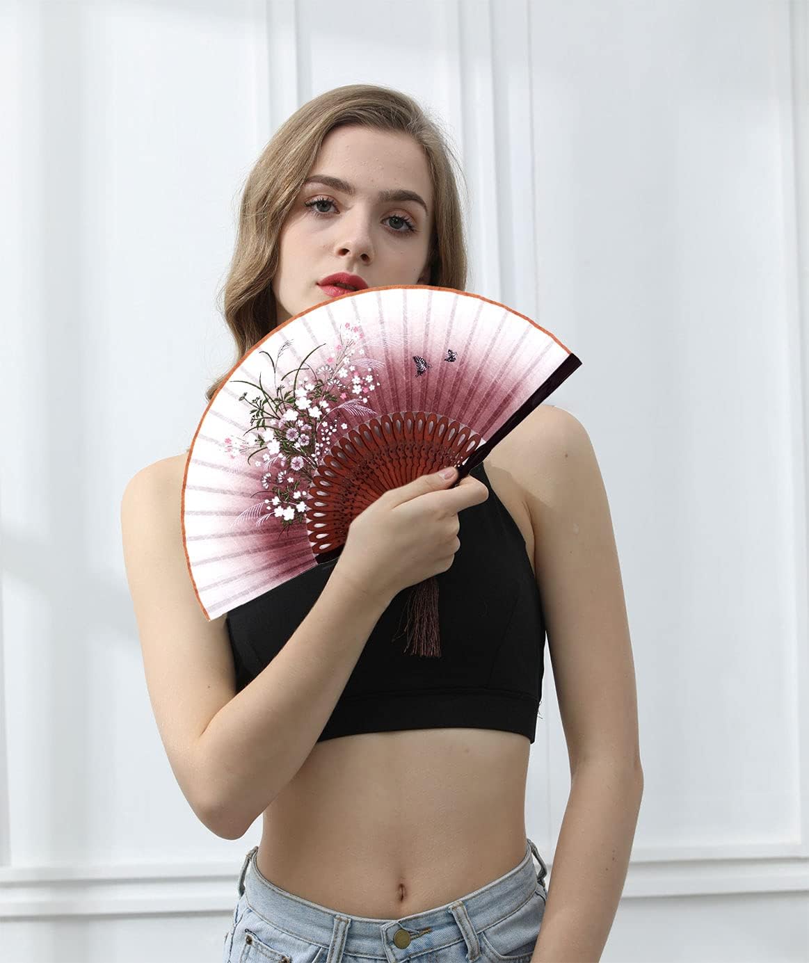 Hand Fan Foldable for Women, Handheld Fan, Brown Grassflower