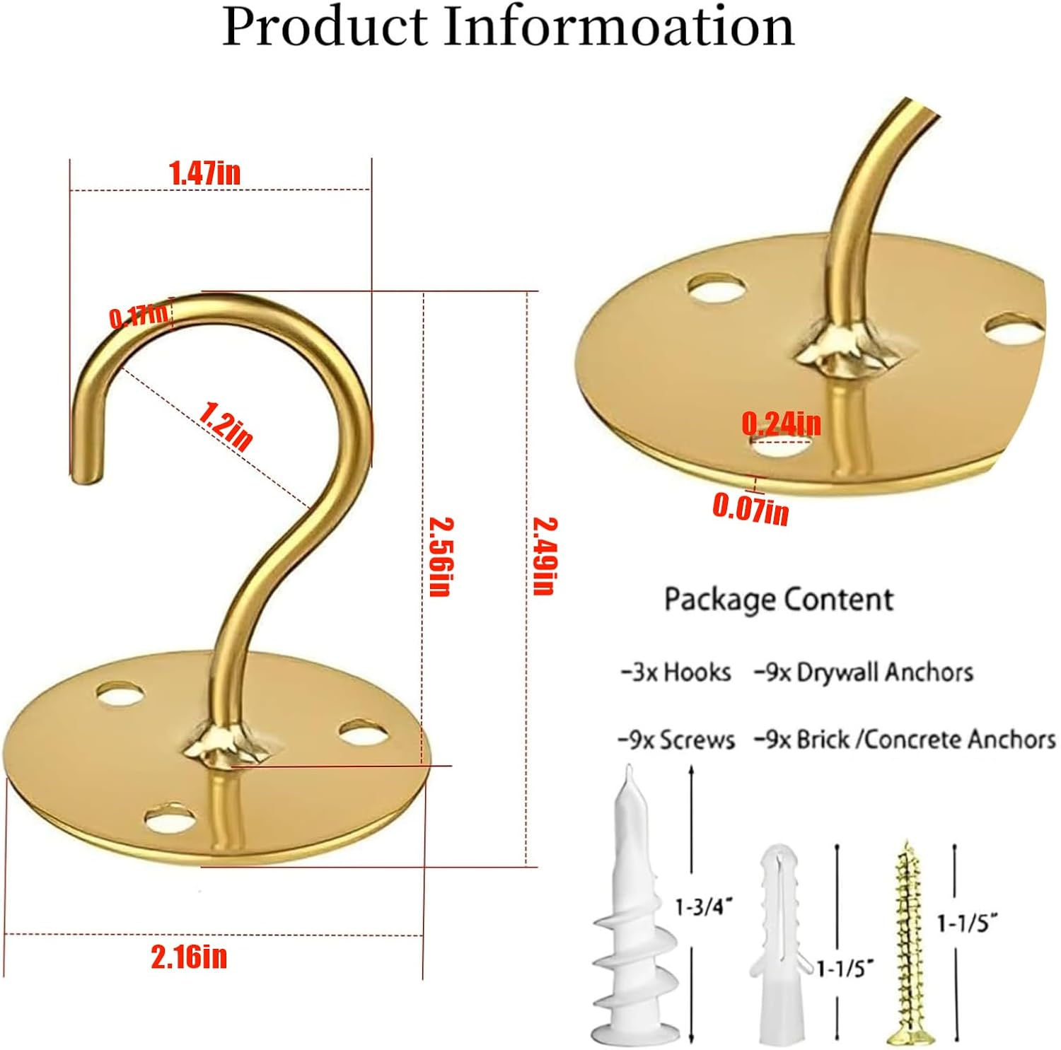 Ceiling Hooks for Hanging Plants-Metal Heavy Duty Wall Mounted Hangers for Hanging Bird Feeders, Planters, Wind Chimes, Include Professional Drywall Anchors (5 Pack) (Bright Gold)
