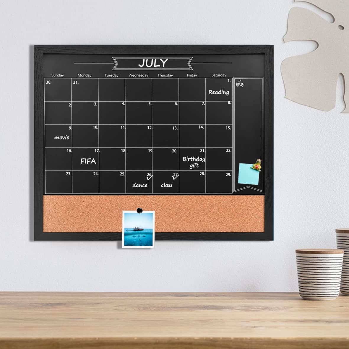TORASO Chalkboard Calendar & Corkboard, Magnetic Surface 23.6" x 29" Combination Chalk Board & Bulletin Board, Black Framed Blackboard/Calendar/Cork Combo Board(ZHHB-BK-6074)