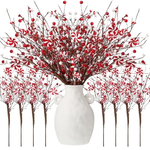 8 Pcs Christmas Tree Flower Picks Artificial Berries Stem Decoration Flower Vase Filler Ornament Table Centerpiece Picks Spray for Halloween Christmas Tree Topper DIY Home Decor (Red,Candy Cane)
