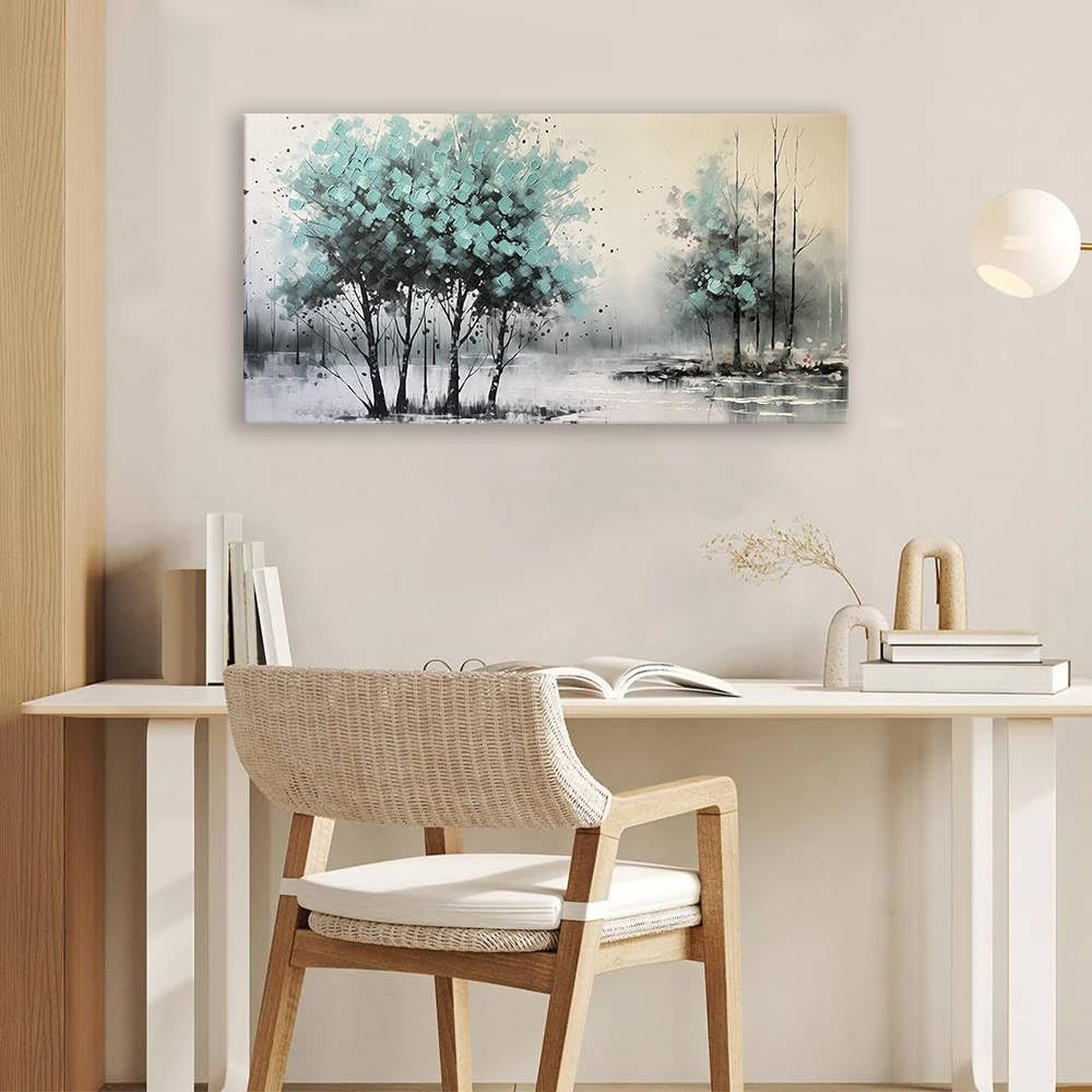 BYXART Abstract Blue Tree Wall Art Indigo Picture Forest Canvas Nature Painting for Home Decor Landscape Print Artwork Modern Textured Wrapped Artwork for Bathroom Living Room Bedroom Office 40L x20W