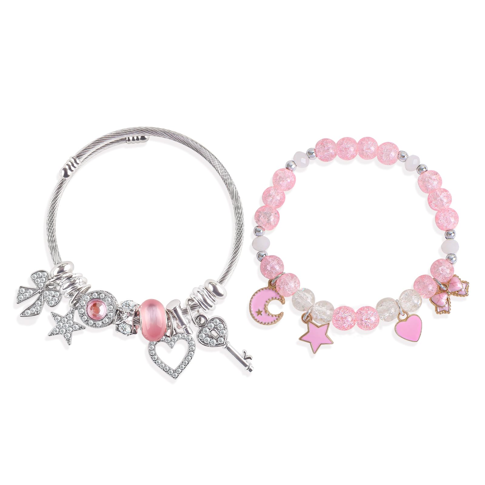 YUZHEJIE Cute Pink Bracelet Stuff Kawaii Set Crystal Bead Elastic Friendship Bracelets Birthday Christmas Jewelry Gifts for Women Girlfriend Best Friend Sister (White Diamond + Crystal Stone)