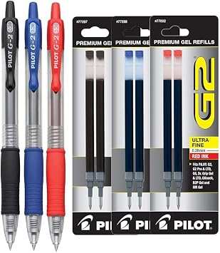 G2 Premium Refillable & Retractable Rolling Ball Gel Pens with Refills, Ultra Fine Point, Black Blue Red Ink, 6 Count Bundle with Plastic Pouch