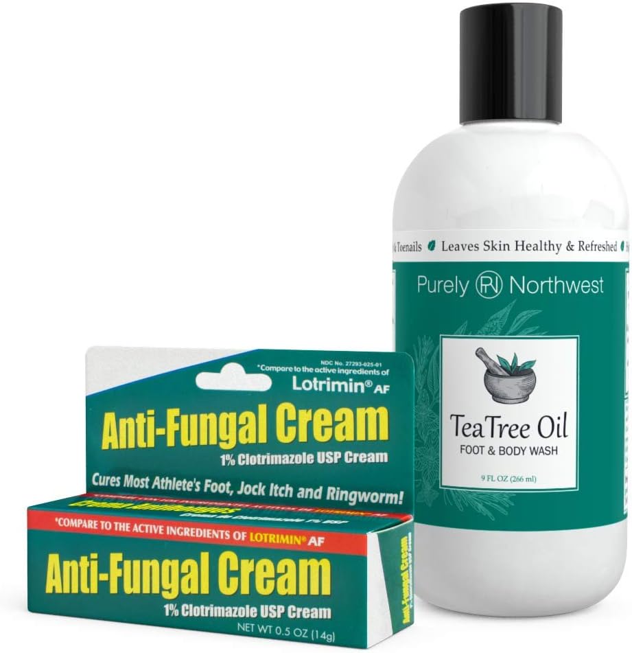 Purely Northwest Anti-Fungal Kit with Tea Tree Oil Foot & Body Wash 9 oz with 1% Clotrimazole USP Cream 0.5 oz Cures Most Athletes Foot, Jock Itch, Nail Fungus, Ringworm, Acne & Body Odor