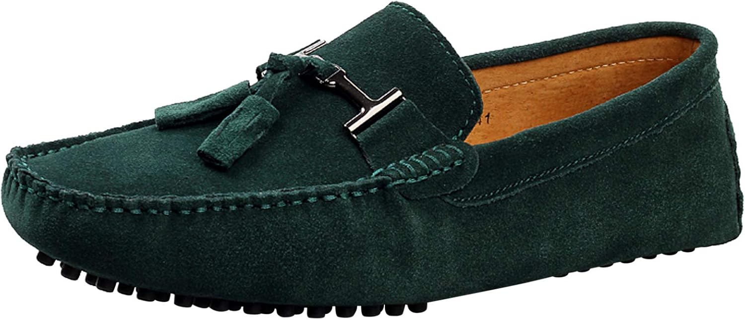 Santimon Mens-Moccasins Penny-Loafers Slip-On Casual Dress-Shoe Suede Tassels Boat Driving-Shoes Green 9 D(M) US